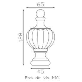 Ornement décoratif central en aluminium brut en forme d'olive avec base circulaire taraudée M10.