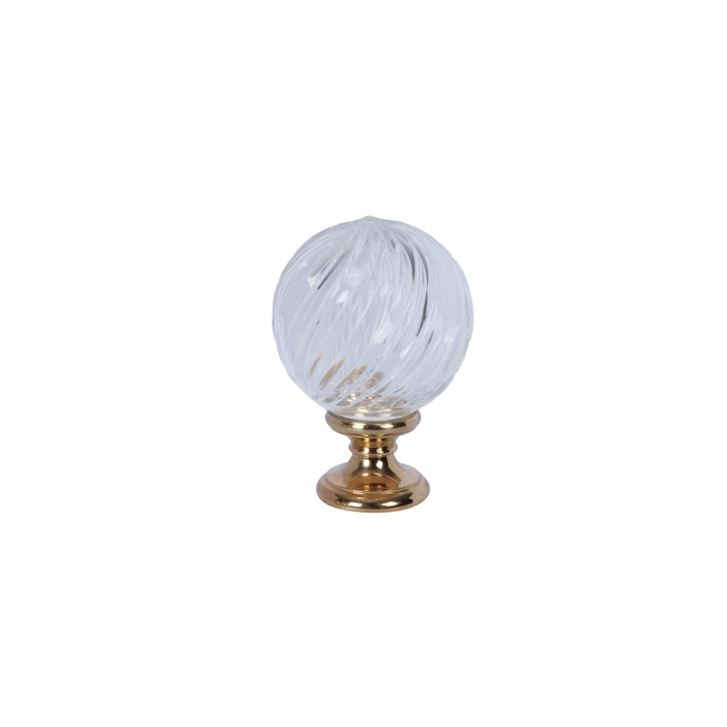 Boule de départ de rampe en cristal soufflé à côtes torses obliques sur embase en laiton poli.